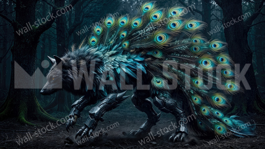 A Wolf-like Creature with Peacock Feathers and Mechanical Armor Standing in a Forest