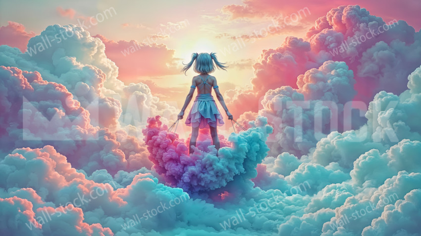 A girl with windswept pigtails rides a large colored cloud formation and holds a cloud of pink smoke