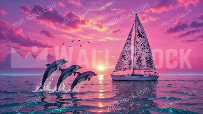 Three dolphins leap from the ocean near a sailboat with patterned sails during a pink sunset