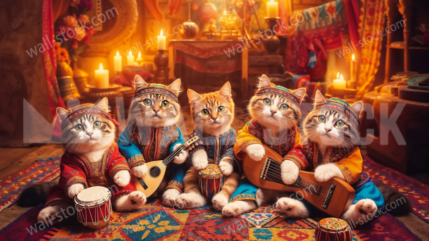 Five cats in hippie clothes playing instruments on a rug